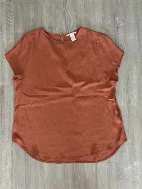 H&M Rust Textured Blouse Women’s 10 Short Sleeve Flowy Minimalist Round Neck GUC